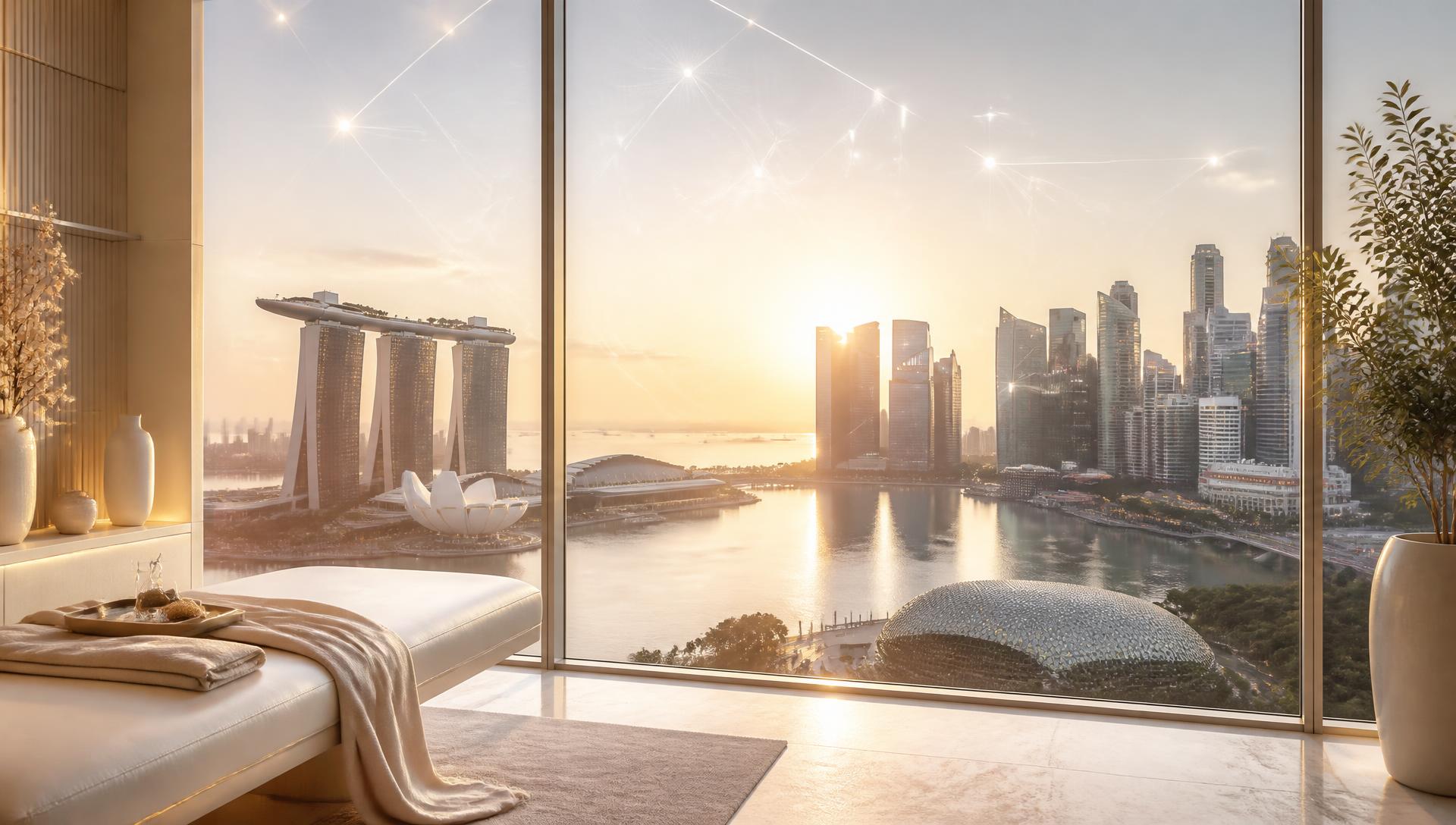 Singapore skyline viewed from a Harmony wellness environment